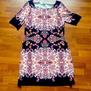 Eliza J 70’s style mid length shift dress size 12 Hippie floral navy pink